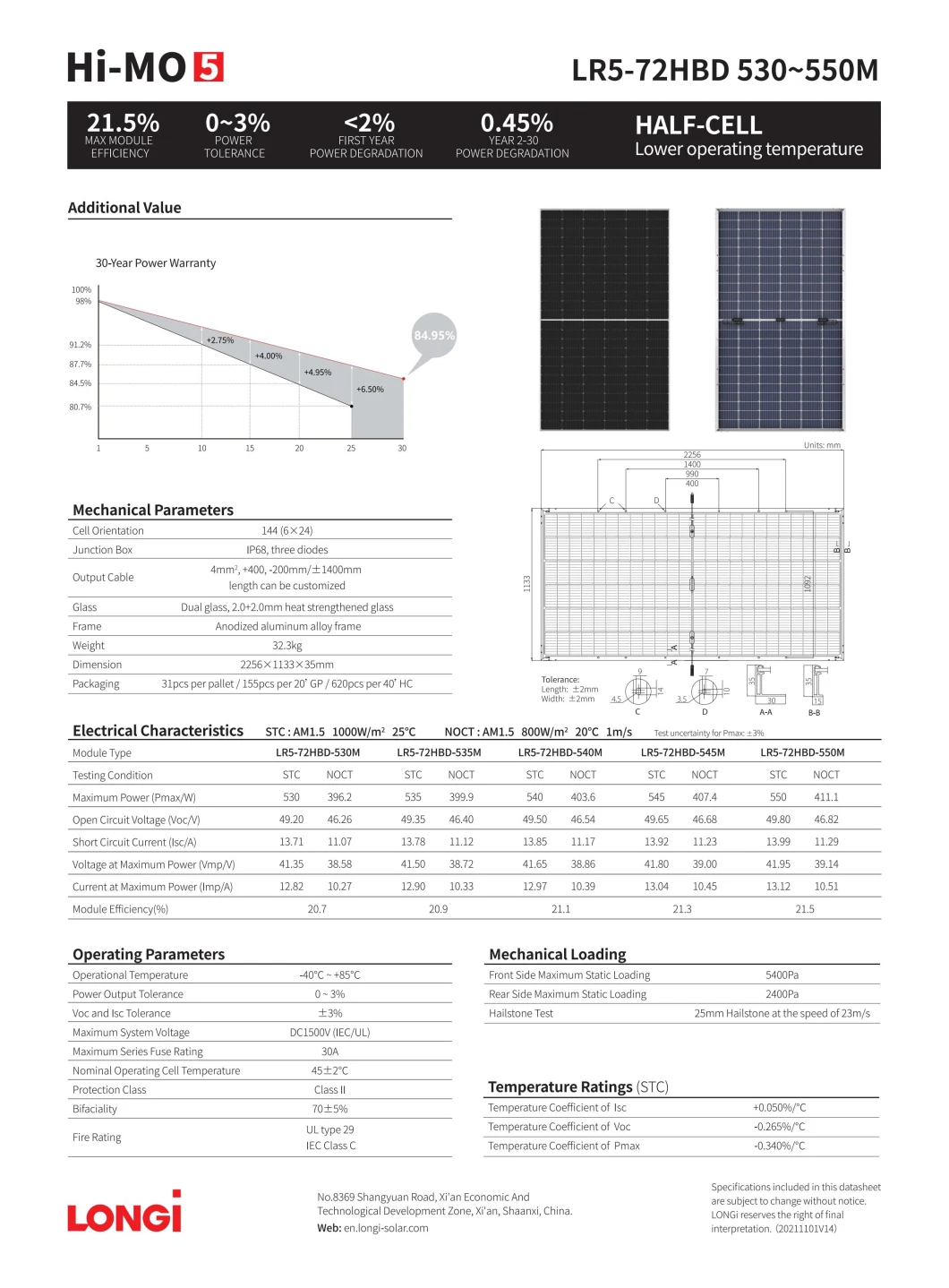 Longi Brand High Efficiency Bifacial Dual Glass with Frame 530W 540W 550W Mono Solar Panels